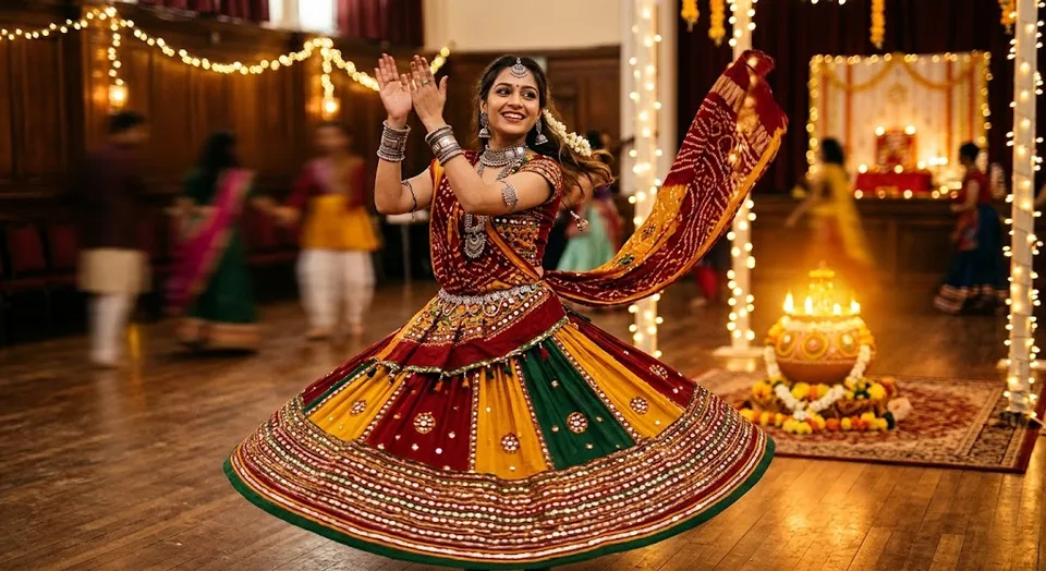 Garba dancer in a mirror-work chaniya choli during Navratri in London