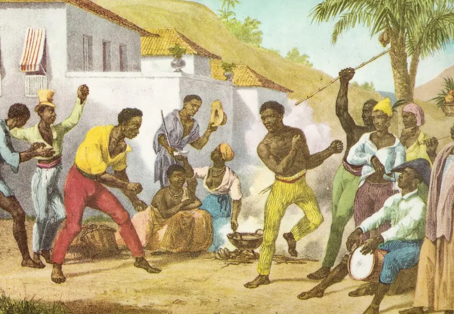 Historic 1835 painting by Johann Moritz Rugendas depicting a capoeira roda in Brazil