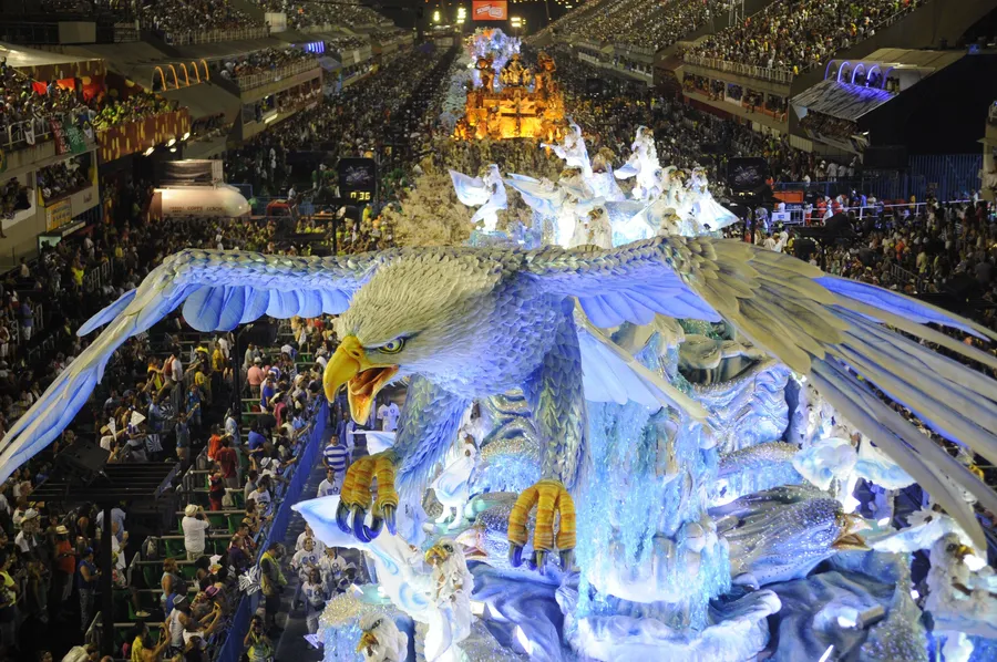 A samba school parading at Rio de Janeiro's Sambadrome during Carnival