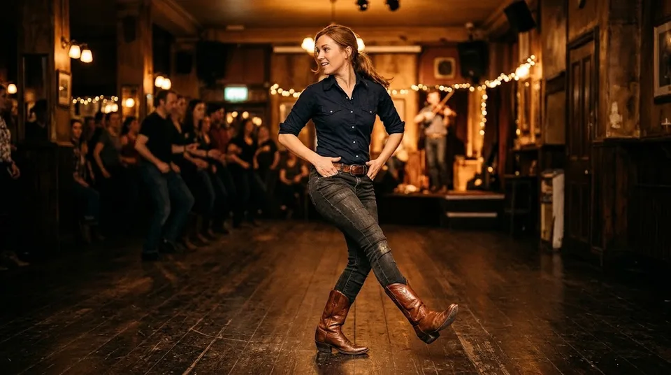 Line dancer in cowboy boots in a London pub dance hall