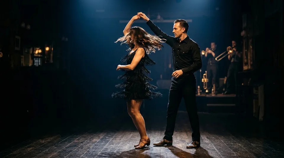 Couple dancing New York style mambo on a London club stage