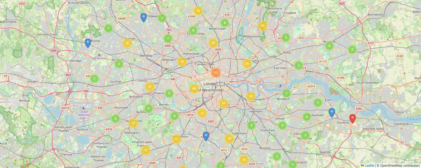 Map of London with clusters showing where dance studios are located across every borough