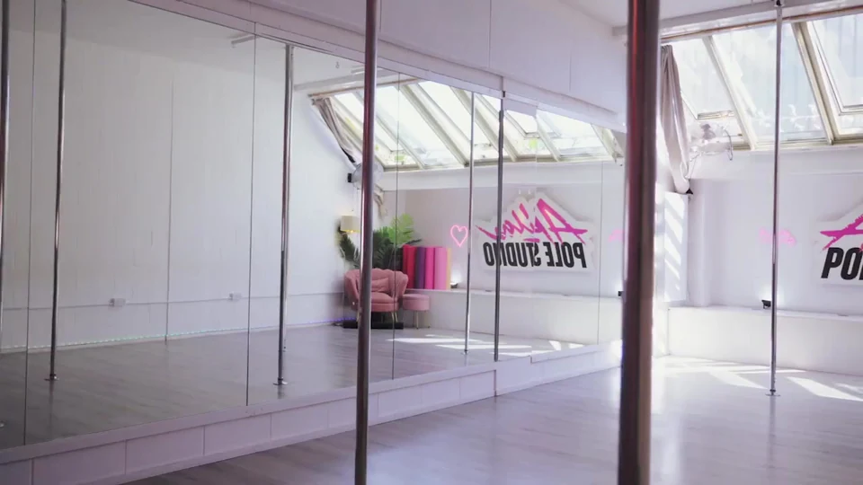 Dance studio with mirrors and pole equipment