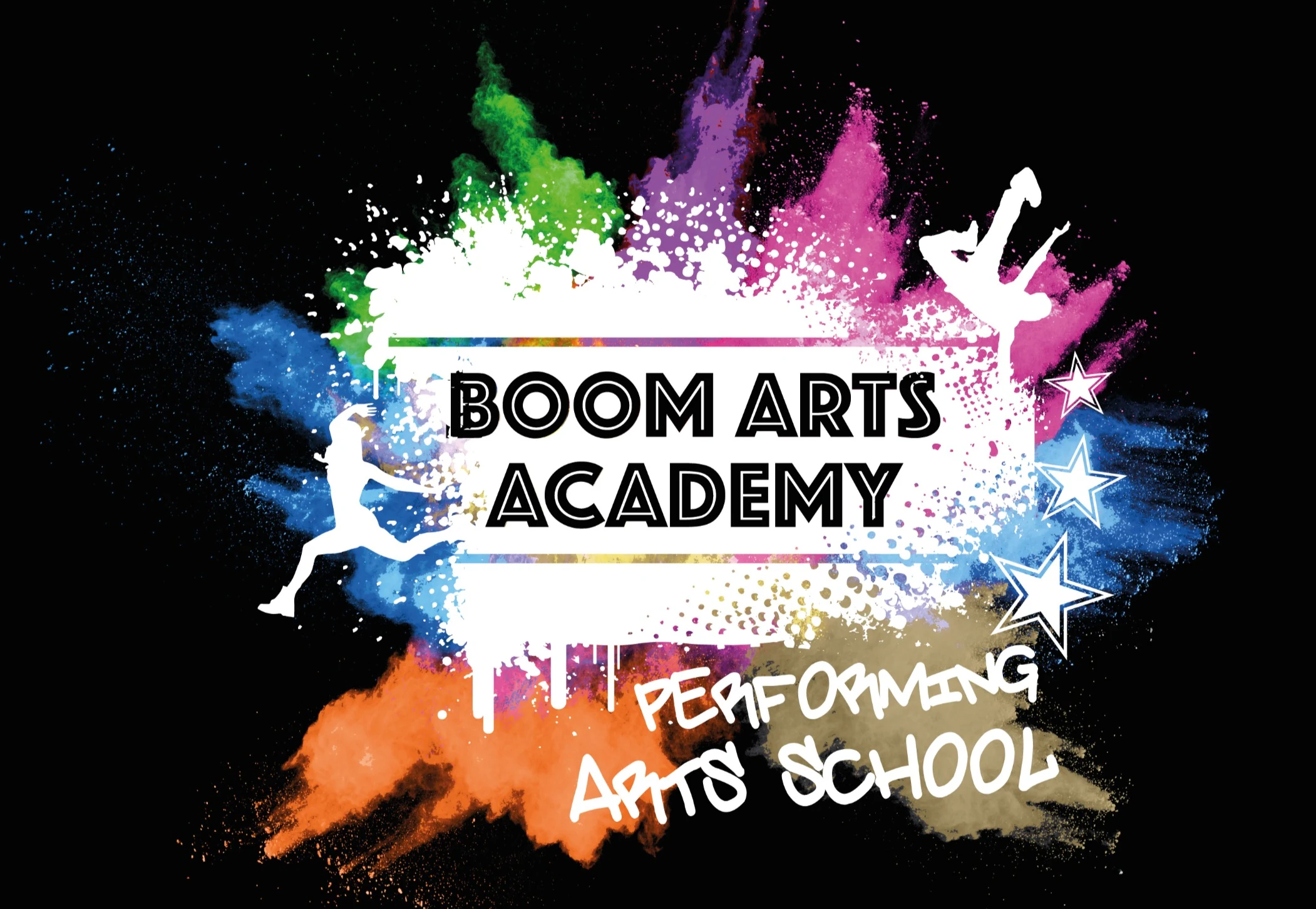 Logo of Boom Arts Academy with colorful splashes
