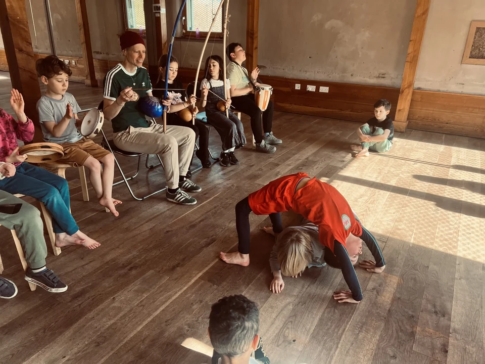 Children participating in a Capoeira class indoors