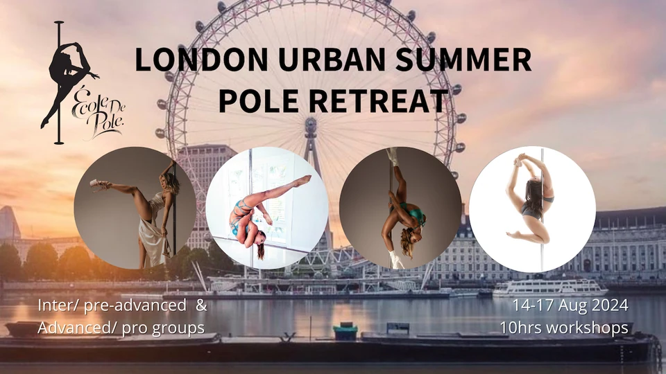 Pole dance retreat promotional image with dancers and London Eye