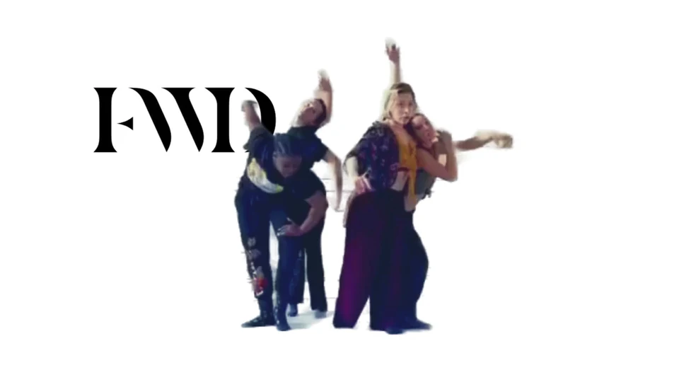 Group of dancers in dynamic poses against a white background