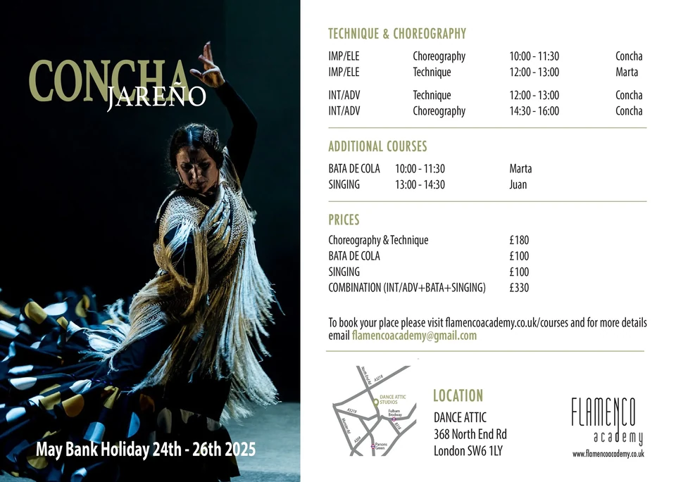 Flamenco dance event poster with dancer and schedule