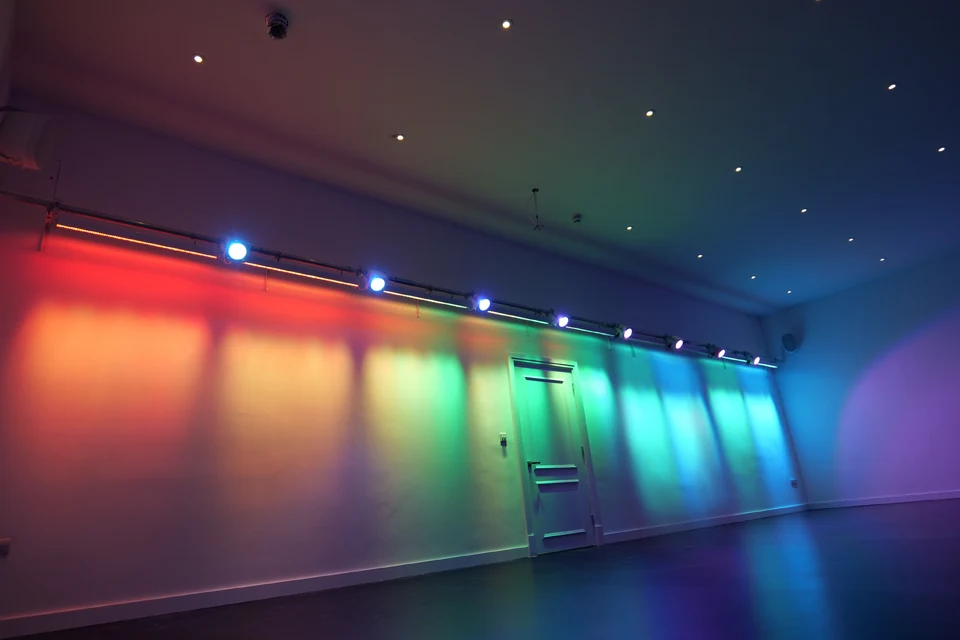 Dance studio with colorful lighting effects
