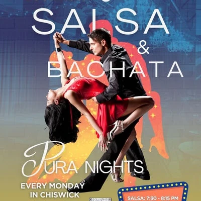 Couple dancing Salsa and Bachata in vibrant setting