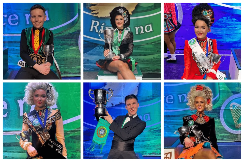 Irish dancers with trophies at a competition