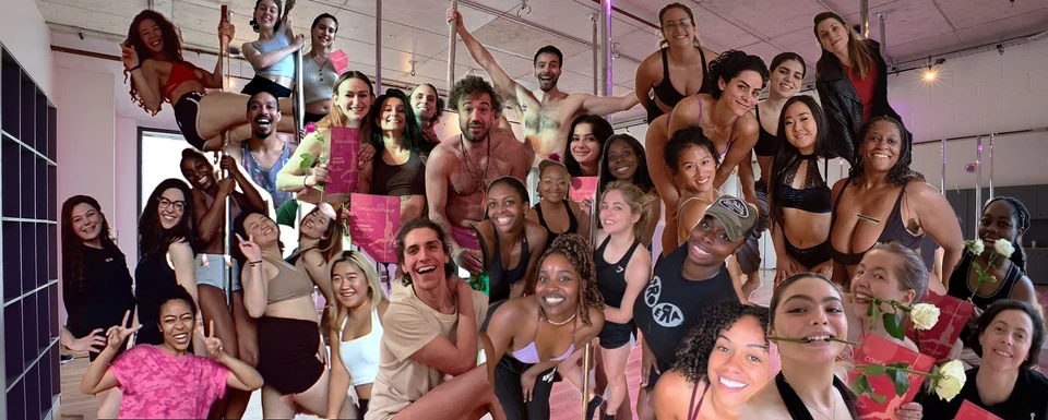 Group of people posing in a dance studio