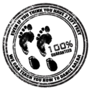 Footprint logo with text about salsa dancing
