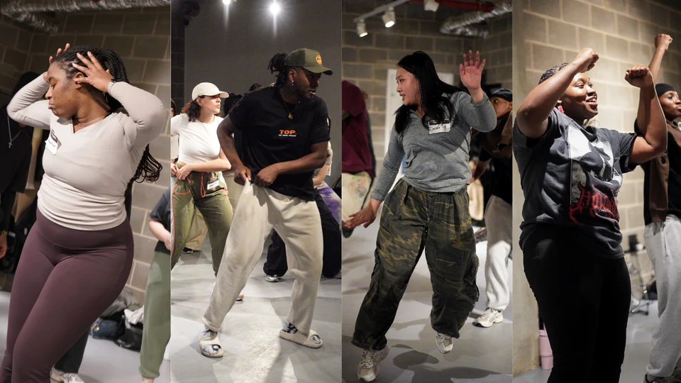 Group of dancers performing Afro dance in studio