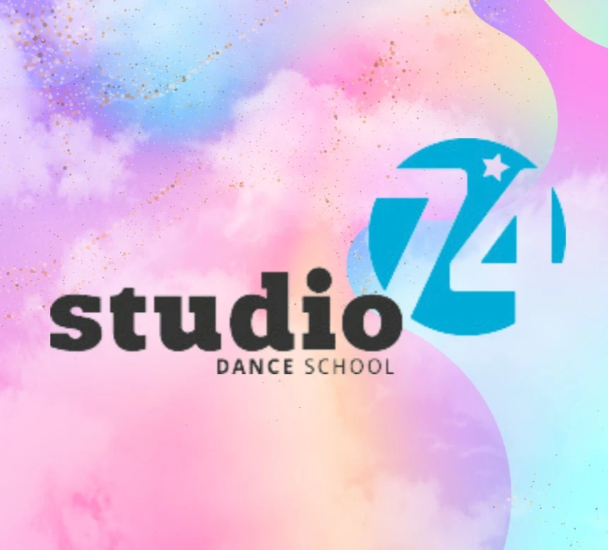 Logo of a dance school with colorful background