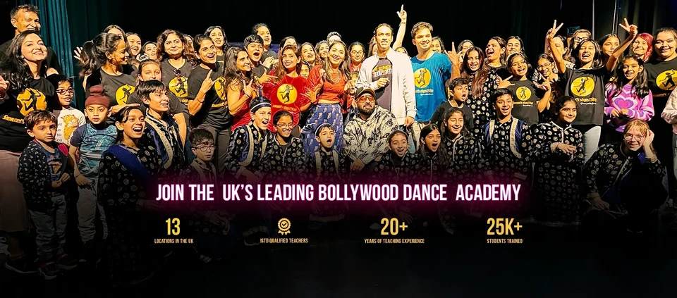 Group of dancers in Bollywood attire on stage