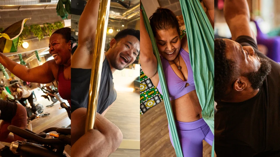People engaged in aerial dance and fitness activities