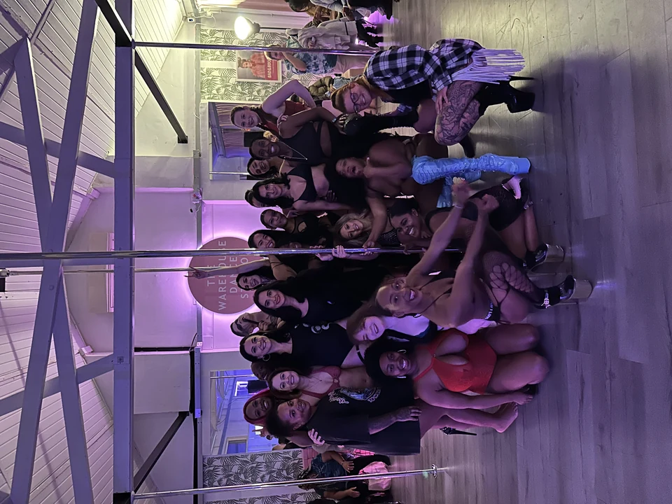 Group of dancers posing in a studio with poles